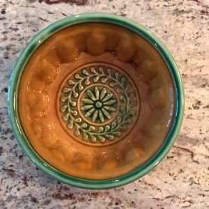 Signed Hungary Fluted Glazed Pottery Bowl or Mold Green & Brown Floral D…